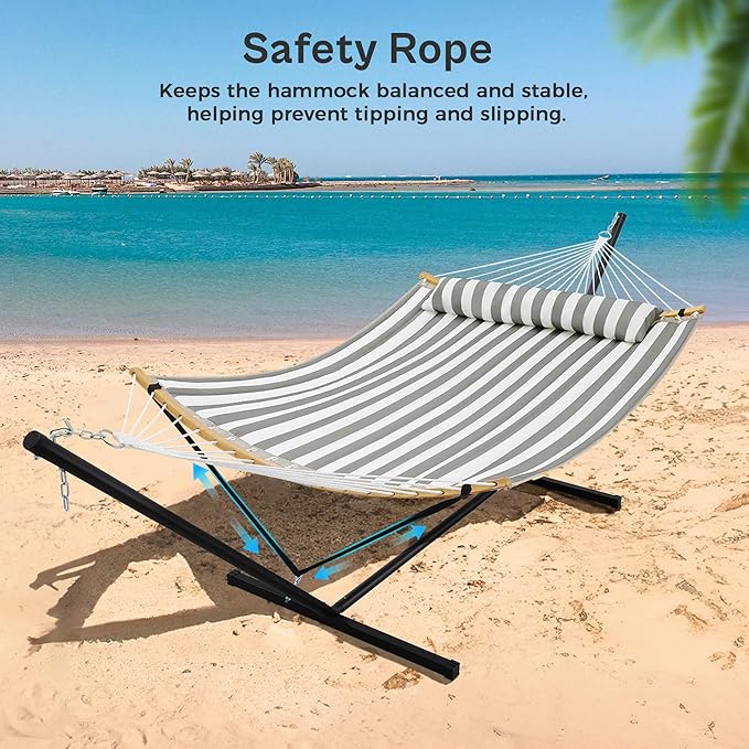SUPERJARE Curved-Bar Hammock with Stand 2 Person Heavy Duty Hammock Frame Detachable Pillow &amp Portable Carrying Bag Perfect for Outdoor &amp Indoor Black and White Stripe