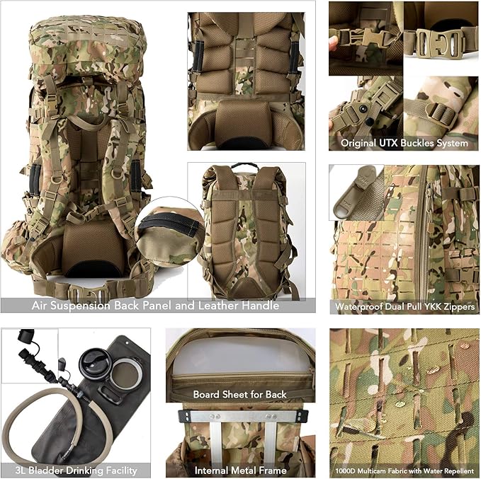 MT Military Army Large Rucksack with Detacheable Assault Backpack Hydration Pack Shoulder Straps and Waist Belt Metal Frame | Detacheable Hydration Pack Shoulder Straps Waist Belt Metal Frame