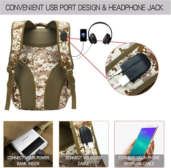 outdoor plus Camo Backpack for BoysMilitary Teen Backpack with USB Port Army Bookbag for School Tactical