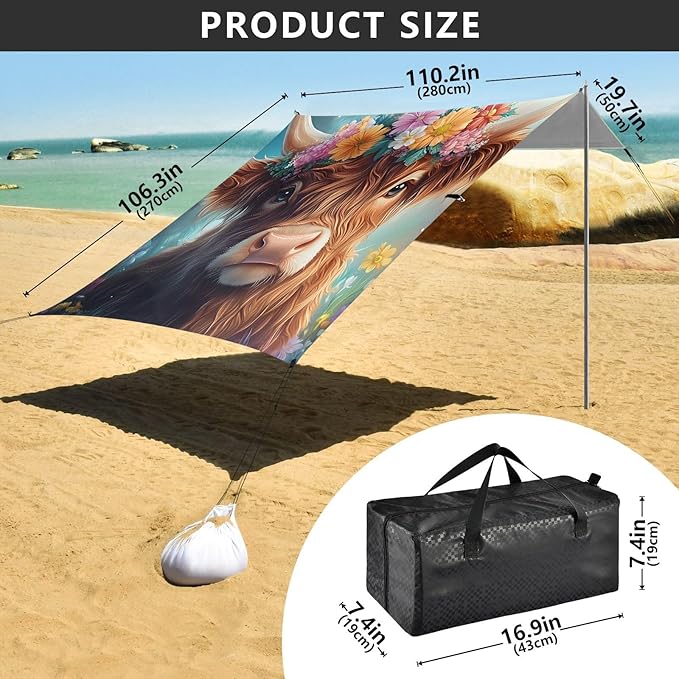 ALAZA Highland Cow Flowers Beach Tent Sun Shelter Portable Canopy Sunshade for Outdoor Camping Picnics Backyard Fun 10x9 ft