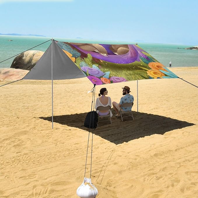 ALAZA Two Cute Sloth Hammock Beach Tent Sun Shelter Portable Canopy Sunshade for Outdoor Camping Picnics Backyard Fun 10x9 ft