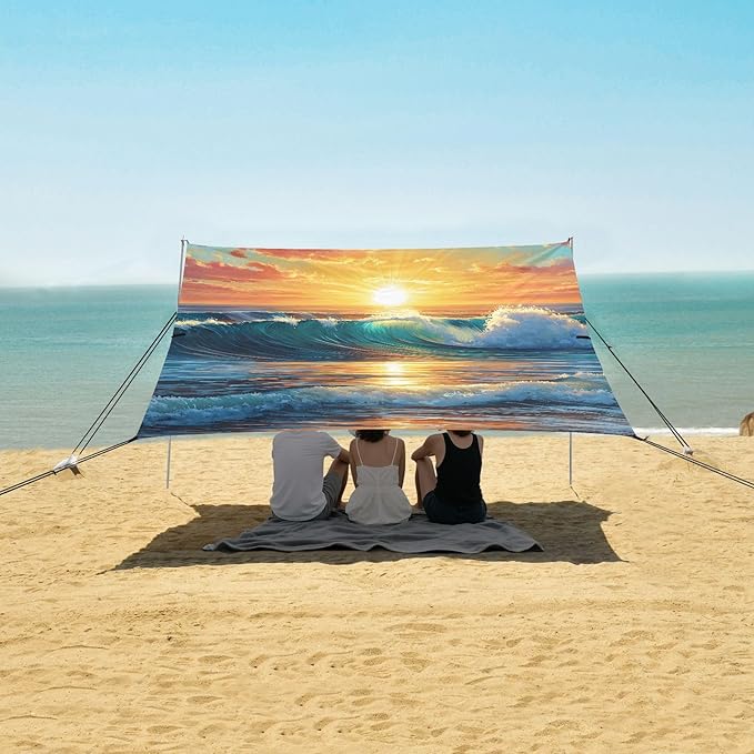 ALAZA Sunset Seawave Beach Beach Tent Sun Shelter UPF50+ Protection Beach Shade Canopy w/ 4 Sandbags for Outdoor Camping Fishing Backyard Fun Picnic 10x9 ft