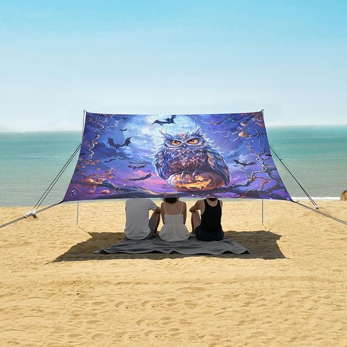 ALAZA Owl Halloween Beach Tent Sun Shelter UPF50+ Protection Beach Shade Canopy w/ 4 Sandbags for Outdoor Camping Fishing Backyard Fun Picnic 10x9 ft
