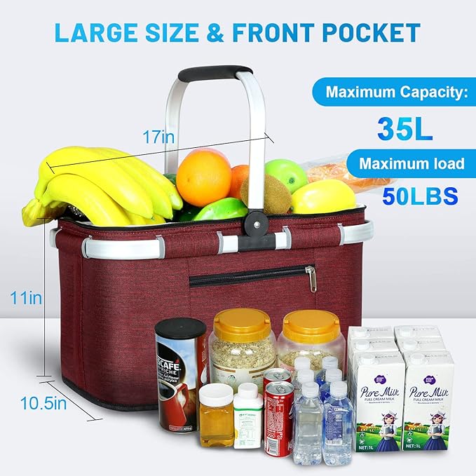 LIQING 35L Large Picnic Basket 2 Layers of Internal Pockets Leak-Proof and Insulated Folding with Internal Support for enhansed Stability Wedding Gifts for Couple(Wine red)