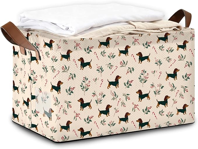 Christmas Dachshund Storage Bin with Handles Basket Storage Organizer for Shelves Closet Nursery Book Laundry Hamper &amp Home Decor