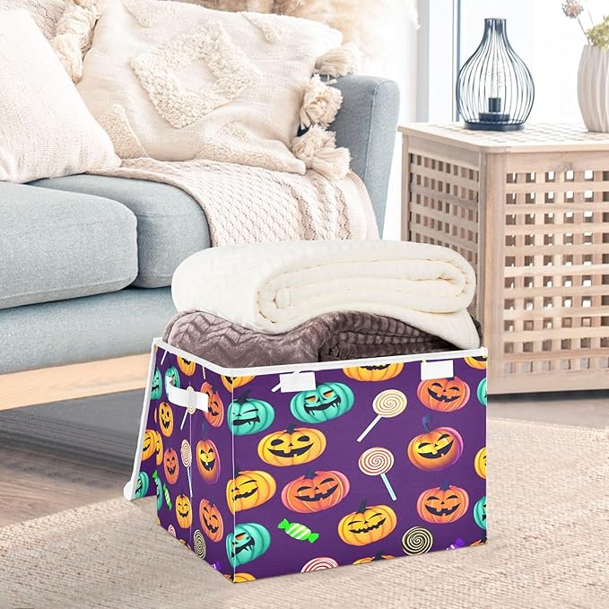 Halloween Storage Baskets with Lids Colorful Halloween Pumpkin Collapsible Bins Stackable Fabric Linen Baskets Closet Organizer Container 16.5x12.6x11.8
