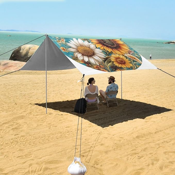 Autumn Flowers Sunflower Bellflower Butterflies Beach Tent UPF50+ Lightweight Portable Sun Shelter Includes Sand Shovel Sandbags Stability Poles for Family Trips Picnics &amp Camping