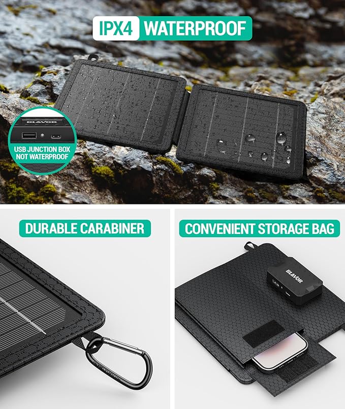 BLAVOR 10W Portable Solar Charger(5V/2A Max) Small Foldable Solar Panel with USB-C USB-A Outputs Compatible with Cell Phone Tablet IPX4 Waterproof for Camping Hiking Backpacking