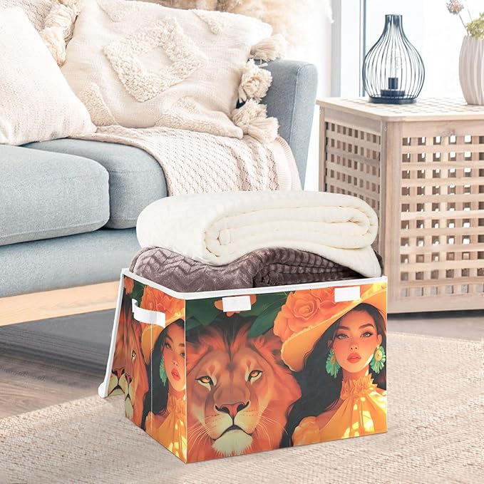 Storage Cube with Lid Lion and Lady Print 16.5×12.6×11.8 IN Collapsible Large Capacity Foldable Storage Basket Bin Organizer