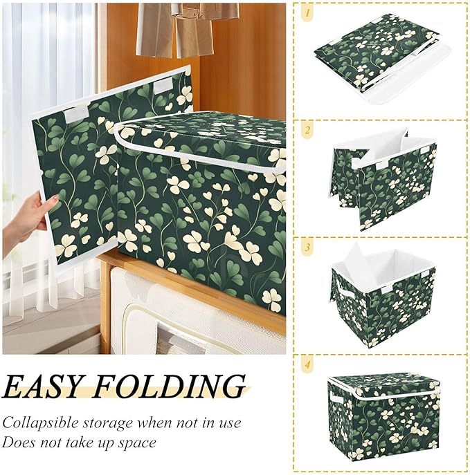 Shamrock Storage Baskets with Lids and Handles St. Patrick's Day Collapsible Bins Stackable Fabric Linen Baskets Closet Organizer Container 16.5x12.6x11.8