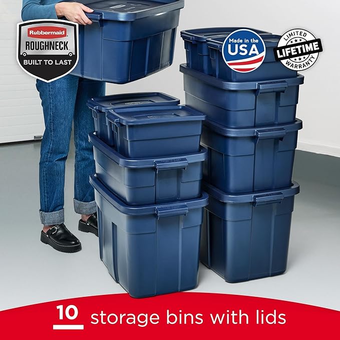 Rubbermaid Roughneck Tote Variety - |Made in the USA| Dark Indigo Metallic Rugged Plastic Stackable Storage Tote with Lid and Handles (Pack of 10)