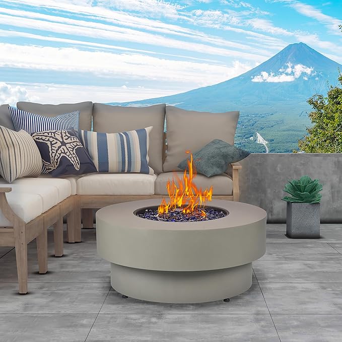 32-inch Outdoor Gas Fire Pit Table with Natural Gas Conversion Kit 50000BTU Propane Gas Fire Pits for Outside Patio w/Round Burner Lid Glass Rocks Cover