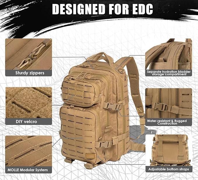 Military Tactical Backpack for Men 35L Small Molle System Water Resistant 3 Day Survival Assault Pack for Bug Out Bag Rucksack Travel Hiking Camping Gym Range Trekking Hunting Sport Work (Tan)