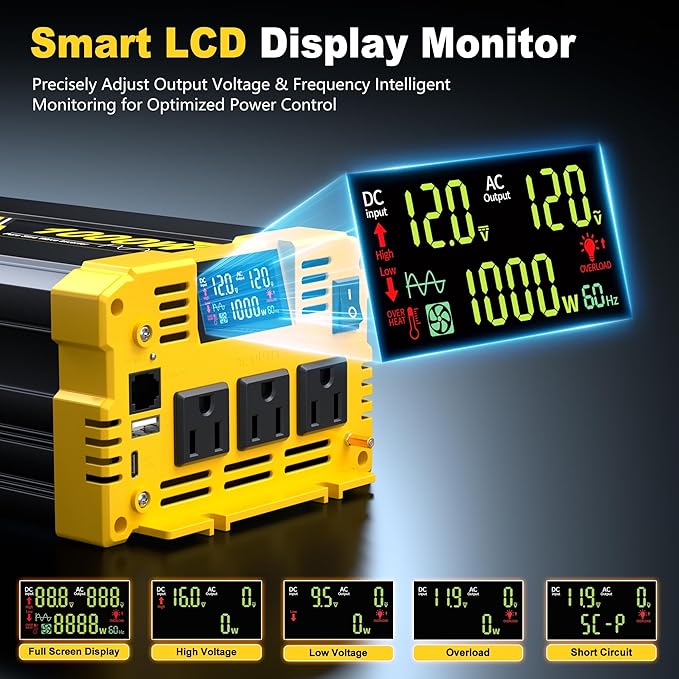 1000W Pure Sine Wave Inverter12V DC to 120V AC–Powers LaptopTabletPrinterSlow CookerSmall MixerCar RefrigeratorSwitch and PS5 with Led Display and Remote Monitoring