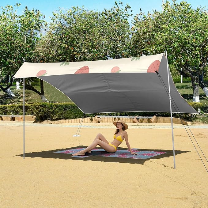 xigua Strawberry Beach Tent Sun Shelter with Carrying Bag - Silver Coated Oxford Fabric Beach Canopy for Beach Camping Fishing - Includes Windproof Ropes Sandbags &amp Stakes