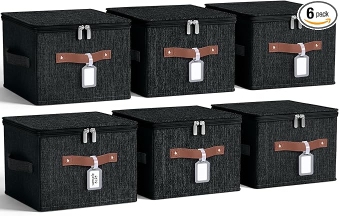 6 Pack Fabric Closet Storage Bins with Zipper Lids and Label 10×8×7In Large Size Foldable Cotton Linen Storage Cubes Boxes with PU Leather Handles Holders for Bedroom Shelf Nursery Black