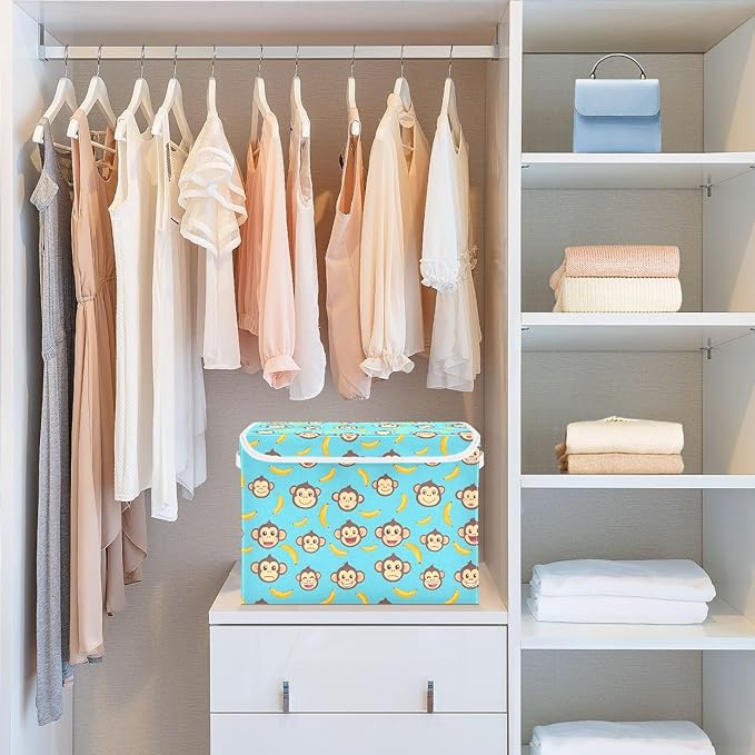 MNSRUU Containers Baskets with Lids Banana Monkey Face Blue Foldable Storage Bins Organizer with Lid Collapsible Storage Boxes for Home Bedroom Closet Office