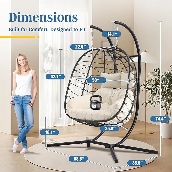 Double Egg Chair with Stand Foldable 2 Person Hanging Swing Chair with Cushion Wicker Rattan Hammock Swing Chair Indoor Outdoor Loveseat 650 LBS Capacity for Patio Bedroom Balcony Garden