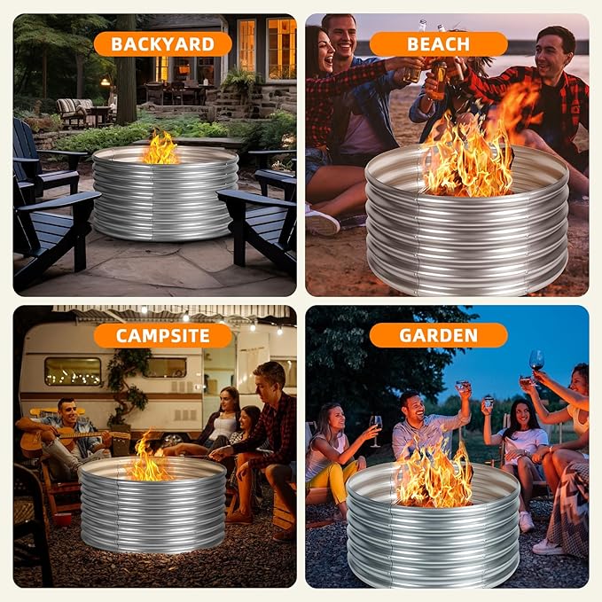 36 inch Fire Pit Ring Galvanized Fire Ring 1.5ft high Wood Burning Fire Pits Ring Outdoor Fireplace Height 24 Inch Round Camp Fire Ring Bonfire Pit for Camping Backyard (3x3x1.5FT)