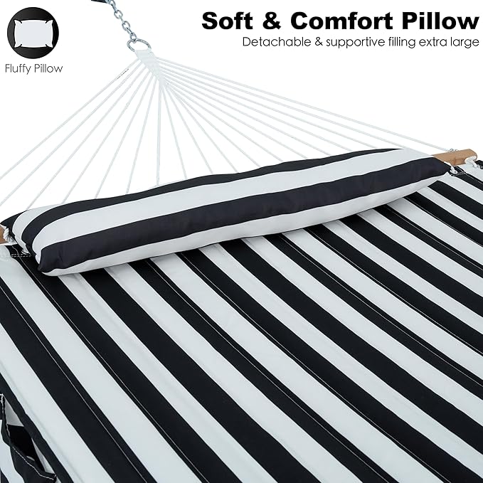 GAFETE Hammock 2 Person Quilted Fabric Hammocks for Outside Double 12ft Hammocks with Spreader Bar Large Removable Pillow Storage Bag Carabiners Max 475 lbs Capacity (Black White)