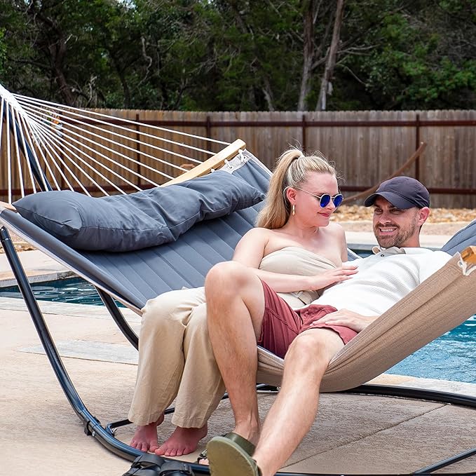 SUNCREAT Double Hammock with Curved Spreader Bar Hammock with Stand Included 2 Person Patent Pending Dark Gray