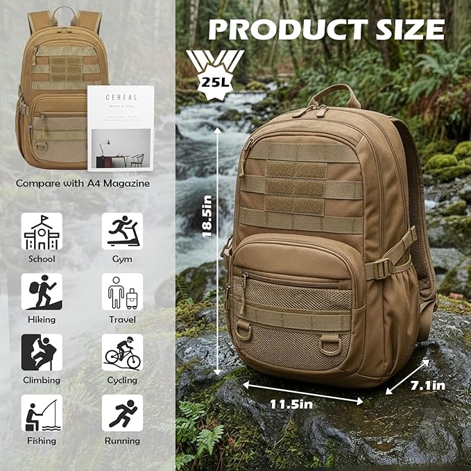 25L Military Tactical Backpack - Molle Army 3 Days Assault Pack Out Bag Hiking Rucksack Brown