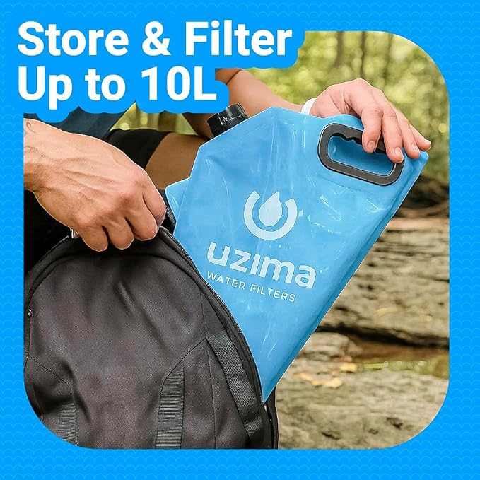 Uzima D-Prep Plus Emergency Water Filtration &amp Storage System – 10L Collapsible Gravity Water Storage Container with UZ-1 Filter for Safe Drinking – Portable Survival &amp Camping Bladder