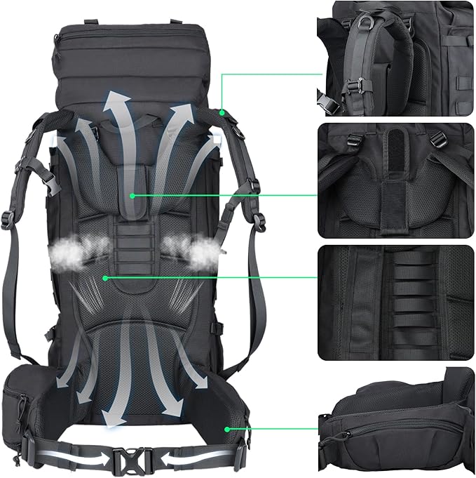 Zsearaymy 75L Hiking MOLLE Backpack with Internal Frame &amp Rain Cover for Tactical Camping Backpacking Survival Travel (Black)