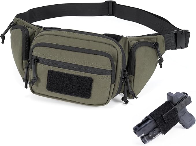 CCW Tactical Fanny Pack for Concealed Carry 500D Nylon Low Profile EDC Waist Bag with Pistol Holster &amp YKK Zippers Everyday Carry Hip Pack (Range Green)