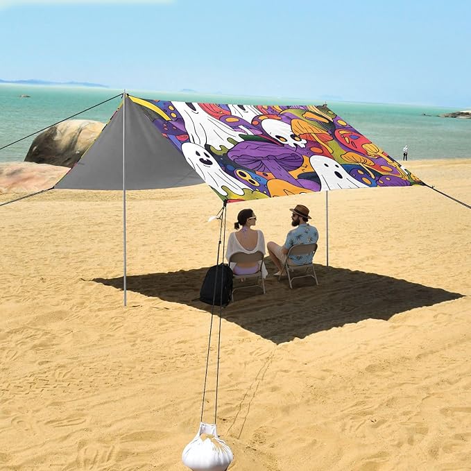 ALAZA Halloween Ghosts Mushroom Beach Tent Sun Shelter UPF50+ Protection Beach Shade Canopy w/ 4 Sandbags for Outdoor Camping Fishing Backyard Fun Picnic 10x9 ft