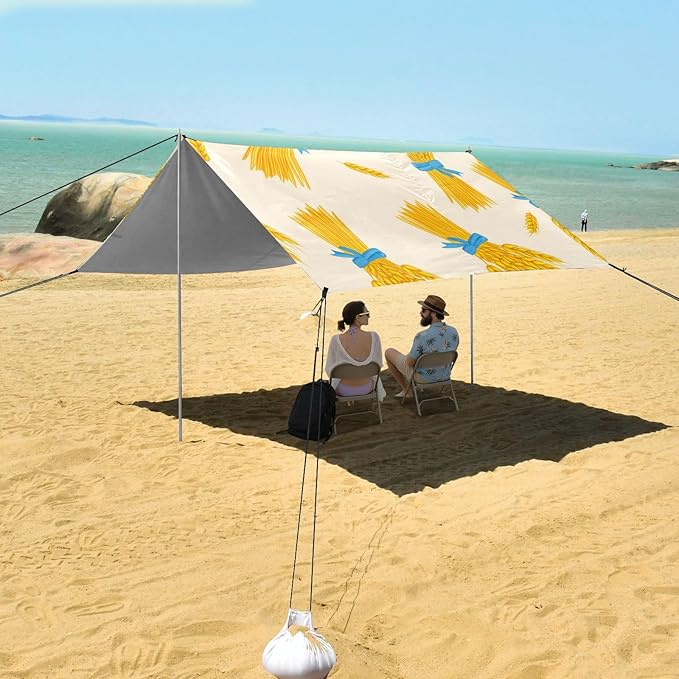 Beach Canopy with Windproof Ropes &amp Sandbags Beach Tent Sun Shade Sun Shelter for Camping Trips Fishing Backyard Fun or Picnics Wheat Pattern
