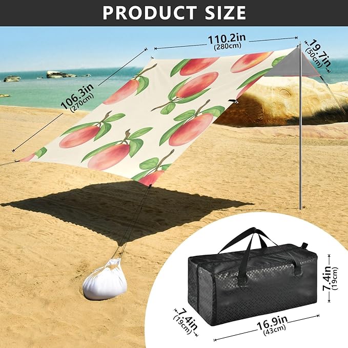 xigua Peach Beach Tent Sun Shelter with Carrying Bag - Silver Coated Oxford Fabric Beach Canopy for Beach Camping Fishing - Includes Windproof Ropes Sandbags &amp Stakes