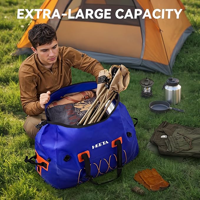 HEETA Waterproof Duffel Bag Motorcycle Dry Bag Backpack 60L/80L Extra Large Rolltop Travel Duffle Bags with Straps &amp Handles for Kayaking Rafting Boating Canoeing Camping Gym Beach Cruise Ship