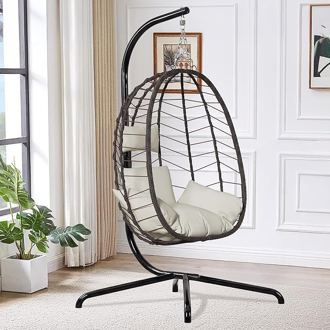 LEX CRAFT Hanging Egg Chair with Stand Swinging Egg Chair Outdoor Indoor Hanging Basket Chair with Cushion Patio Wicker Hammock Chair 350lbs Capacity for Porch Balcony Backyard Garden (Beige)