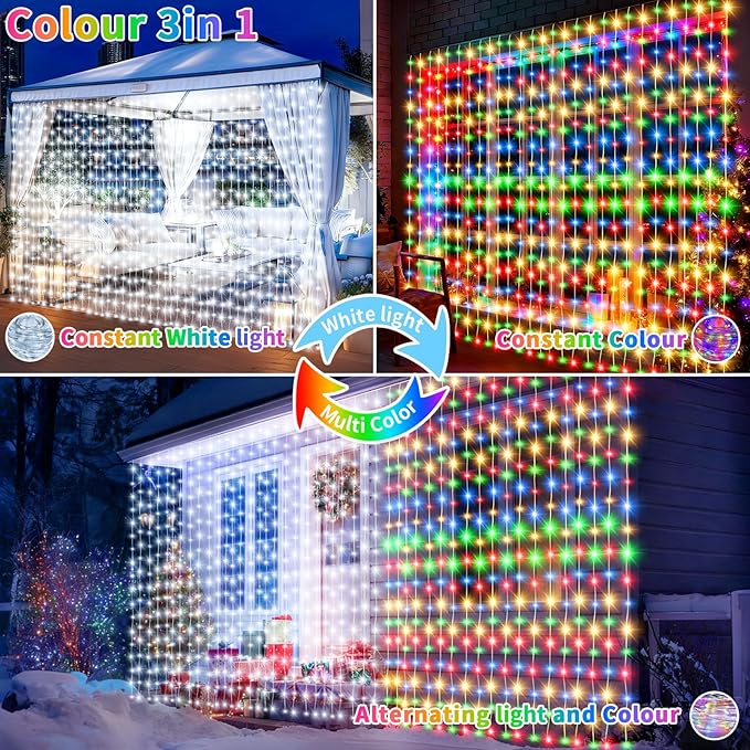 Solar Curtain Lights 10x10Ft 300LED Twinkle Fairy String Lights Multicolor Cool White Dual Color Changing Dimmable Waterproof Remote Timer Memory for Christmas Wedding Pergola Patio Outside