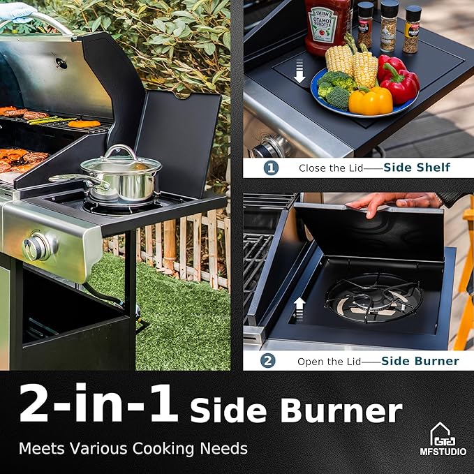 MFSTUDIO 4-Burner BBQ Propane Grill with Searing Side Burner Porcelain-Enameled Cast Iron GratesThicker and taller lid Stainless Steel Gas Grills for Outdoor and Patio Barbecue Cooking