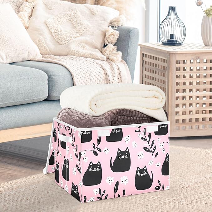 Cartoon Cute Cats Storage Cube Bins Basket with Lid Collapsible Flip-top Fabric with Handle for Home Bedroom Closet Office 16.5×12.6×11.8 in