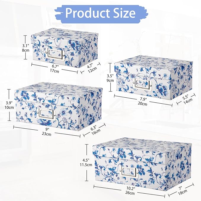 Briful Blue and White Porcelain Storage Boxes with Lids Set of 4 – Chinoiserie Nested Card Photo Storage Box Organizer Decorative Paperboard Box for Closet Office GiftsCosmeticBooks