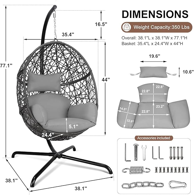 NICESOUL Bird Cage Swing Egg Chair UV/Water-Resistant 450lbs Capacity Wicker Swinging Chairs with Stand Comfy Oversized Hanging Seat w/Cushion Metal Frame &amp Cover for Indoor Outdoor Light Grey