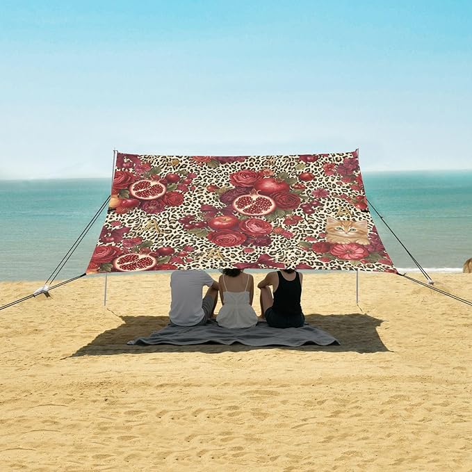 xigua Pomegranate Beach Tent Sun Shelter with Carrying Bag - Silver Coated Oxford Fabric Beach Canopy for Beach Camping Fishing - Includes Windproof Ropes Sandbags &amp Stakes
