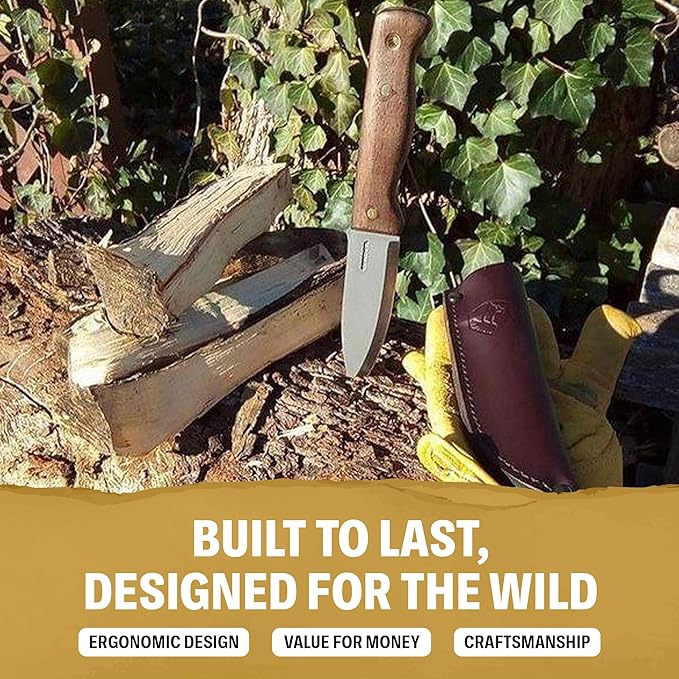 Condor Bushlore Knife - Bushcraft Knife - 1075 High Carbon Steel - Walnut Handle - Scandi Grind - Small Fixed Blade Knives - Hand Crafted Leather Sheath - 3mm Thick - 4.3in Blade - 6.1 oz
