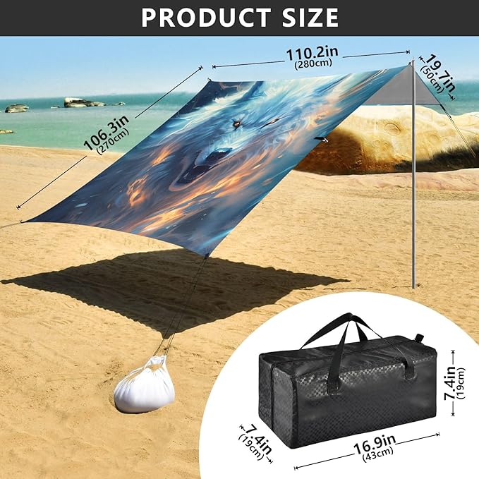 ALAZA White Wolf Howling Beach Tent Sun Shelter UPF50+ Protection Beach Shade Canopy w/ 4 Sandbags for Outdoor Camping Fishing Backyard Fun Picnic 10x9 ft
