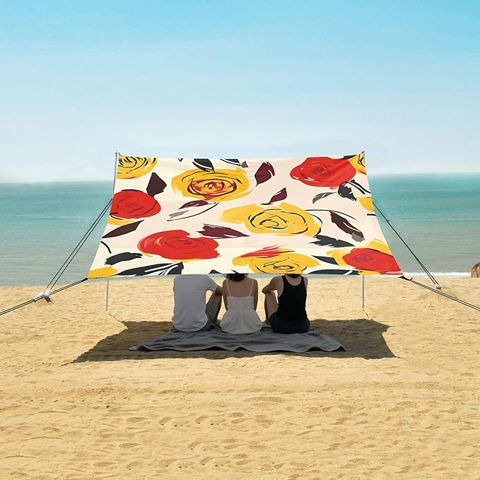 ALAZA Yellow &amp Red Rose Flowers Beach Tent Sun Shelter UPF50+ Protection Beach Shade Canopy w/ 4 Sandbags for Outdoor Camping Fishing Backyard Fun Picnic 10x9 ft