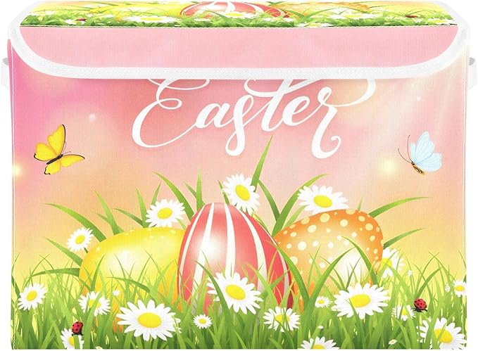 senya Easter Storage Baskets Collapsible Storage Bins with Lids Happy Easter Eggs and Butterfly Storage Boxes Clothes Baskets for Organizing