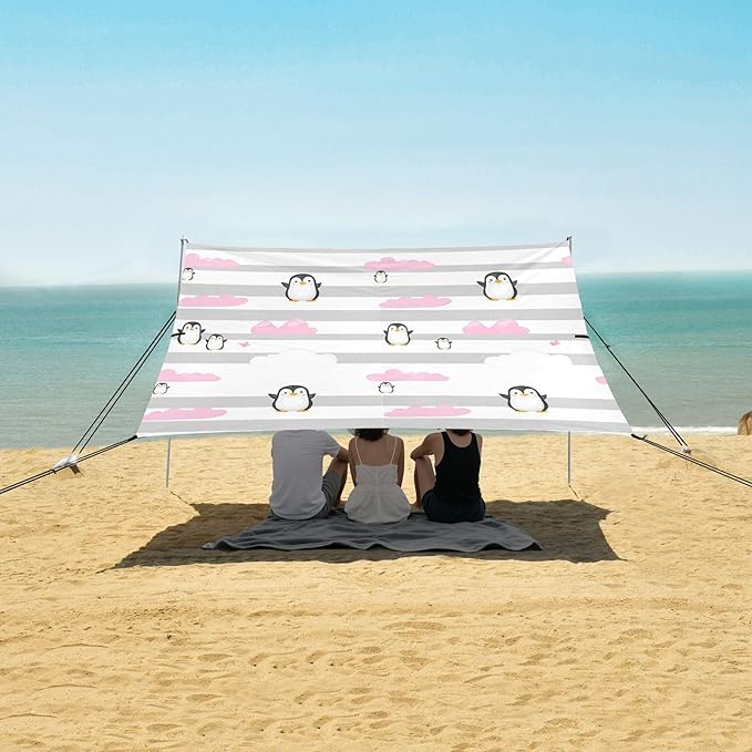 Penguins Beach Canopy Sun Shelter with Sandbags &amp Sand Shovel &amp Windproof Ropes - Portable 110x126 Beach Shade Beach Tent for Camping Picnics