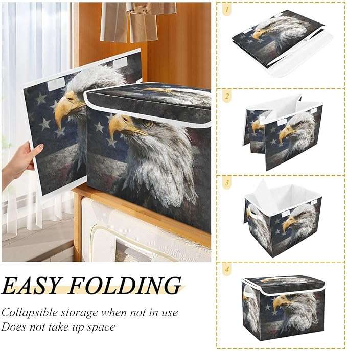 Usa Flag Eagles 4th July Storage Box with Lid 1 PC Foldable Storage Bin with Lids Stackable Storage Bins Cube Closet Organizer Basket with Flip-Top Lid &amp Handles for Shoes Books Towels