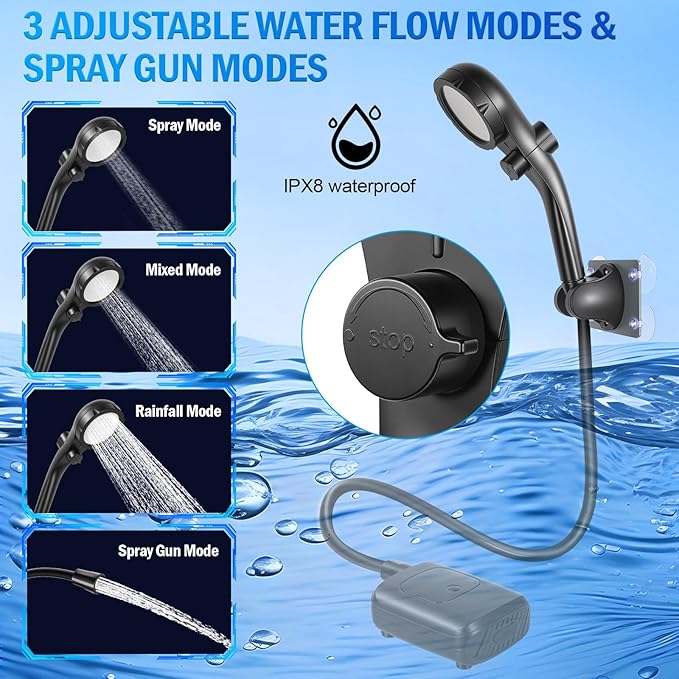 Portable Electric Outdoor Shower with Digital Display IPX8 Waterproof 3 Water Flow Modes Spray Gun Mode for Camping Car Washing Pet Bathing Garden Watering