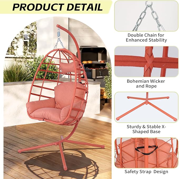 Hanging Egg Chair with Stand Outdoor Indoor Patio Rattan Swing Hammock Chairs with Washable Cushion 350lbs Capacity PE Wicker Swing Chair for Backyard Bedroom Garden (Orange + Orange Cushion)