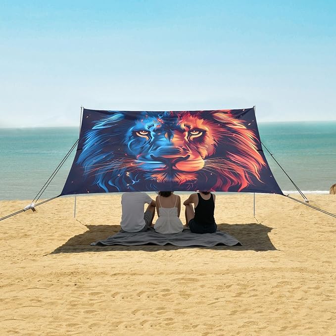 ALAZA Lion Portrait Flame &amp Ice Beach Tent Sun Shelter UPF50+ Protection Beach Shade Canopy w/ 4 Sandbags for Outdoor Camping Fishing Backyard Fun Picnic 10x9 ft