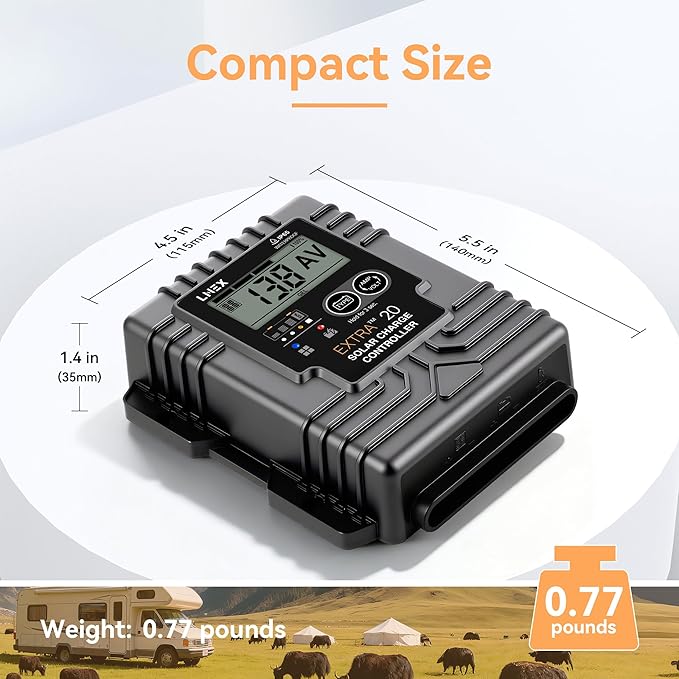 LNEX Solar Charge Controller Waterproof 20A Solar Panel Regulator with Temp SensorBacklit LCD 12V/24V PWM Solar Controller for LiFePO4AGM Gel Flooded and Lithium Battery
